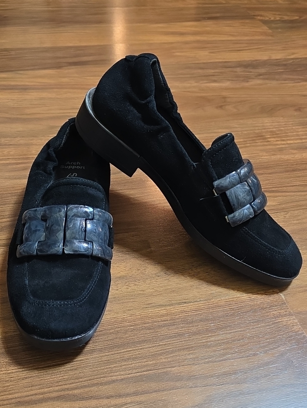 Softwaves Georgia Black Suede Buckle Loafer Flats